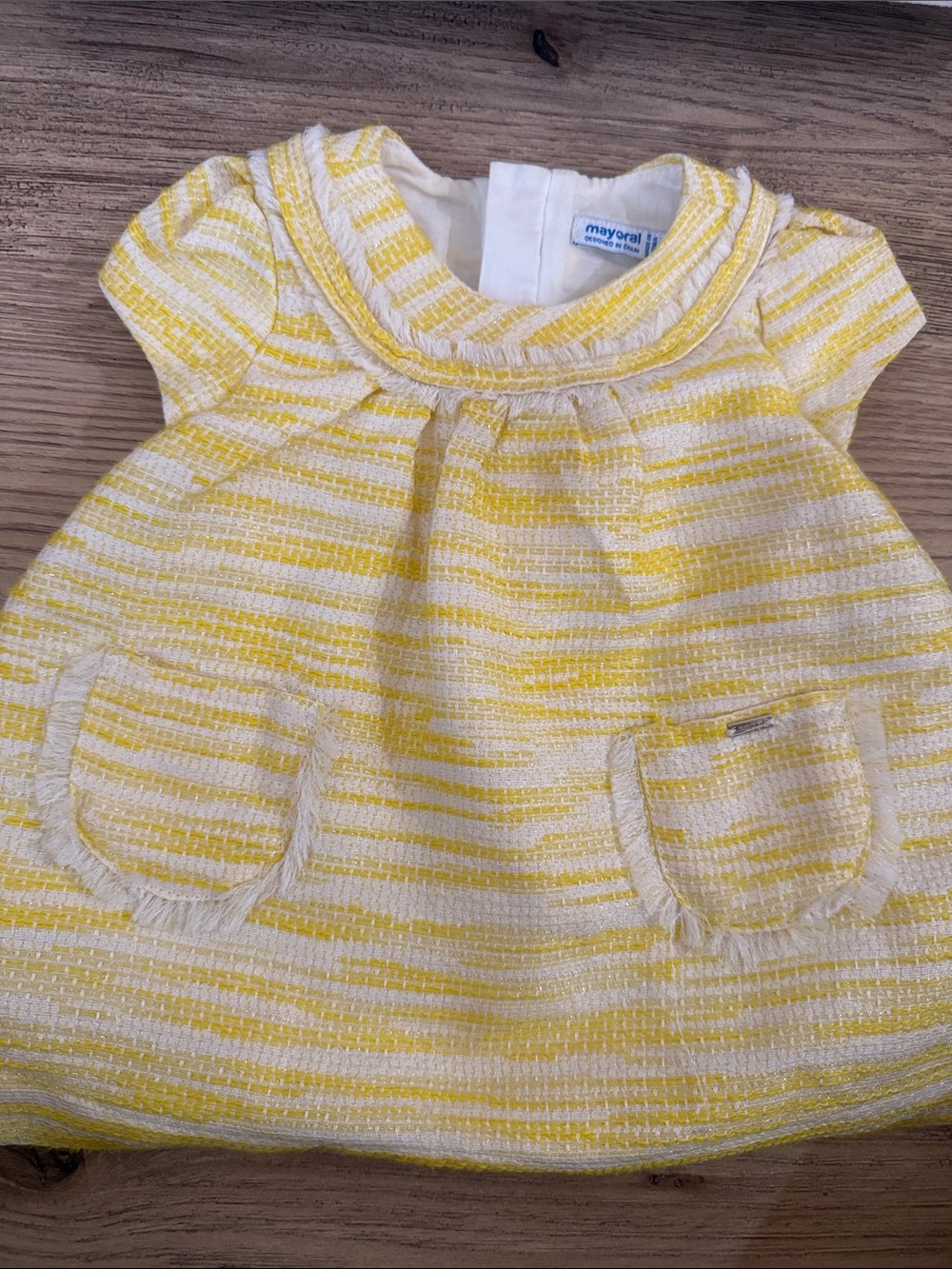 Mayoral Yellow and Cream Striped Dress with Fringe Pockets